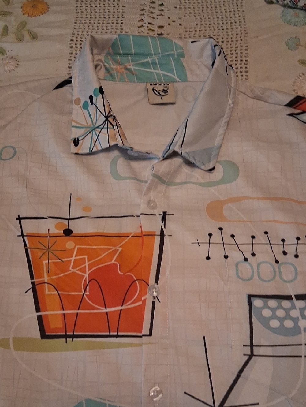 Men's Atomic Button-Down Shirt - White with Orange & Aqua Cocktail Motif